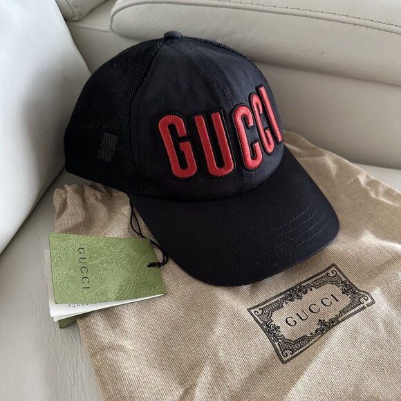NWT GUCCI BASEBALL CAP BLACK RED SIZE XS Logo Hat Unisex - Picture 3 of 11